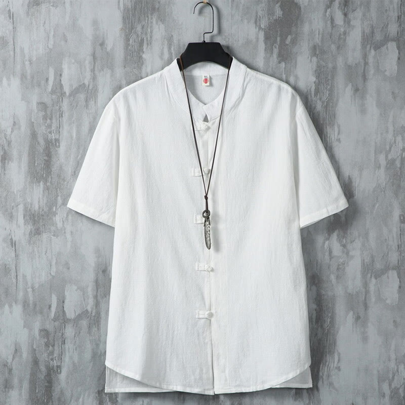 Camisa de lino y algodón de manga corta para hombre, estilo casual, con botones de rana y estilo chino, de Buddha Stones - Blanco - US/UK/AU46, EU56 (5XL) - image 1