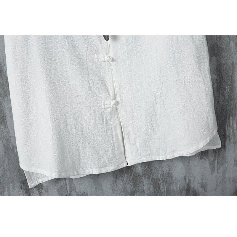 Camisa de lino y algodón de manga corta para hombre, estilo casual, con botones de rana y estilo chino, de Buddha Stones - image 8