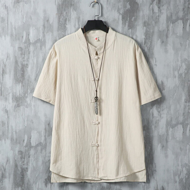 Camisa de lino y algodón de manga corta para hombre, estilo casual, con botones de rana y estilo chino, de Buddha Stones - Amarillo vara de oro claro - US/UK/AU46, EU56 (5XL) - image 0