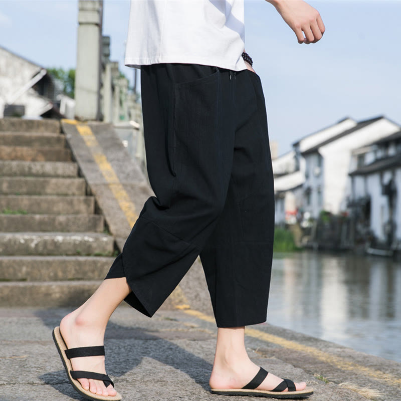 Pantalones de lino y algodón con bolsillos para hombre , informales, sencillos, lisos, de verano, con cordón, talla 7-8 - Negro - US/UK/AU46, EU56 (5XL) - image 4