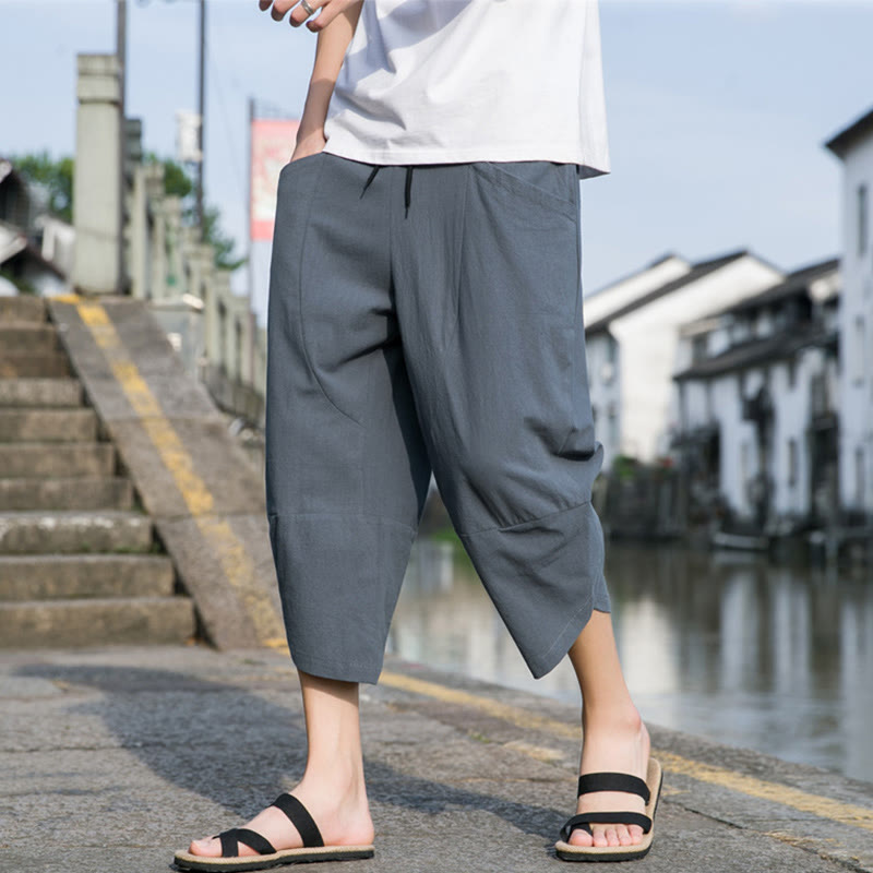 Pantalones de lino y algodón con bolsillos para hombre , informales, sencillos, lisos, de verano, con cordón, talla 7-8 - Azul acero - US/UK/AU46, EU56 (5XL) - image 0