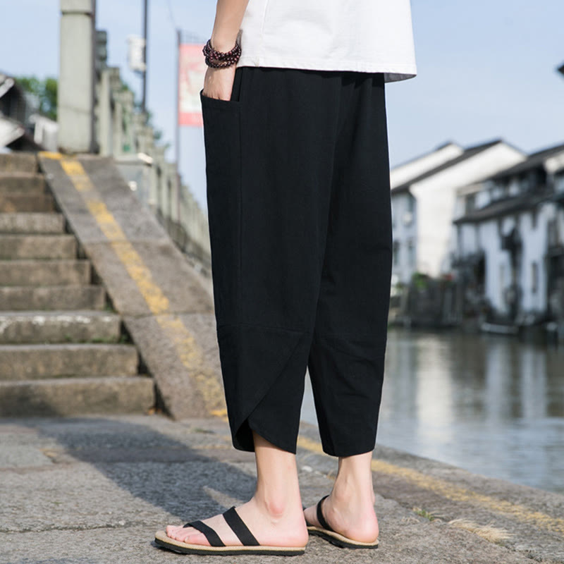 Pantalones de lino y algodón con bolsillos para hombre , informales, sencillos, lisos, de verano, con cordón, talla 7-8 - image 7