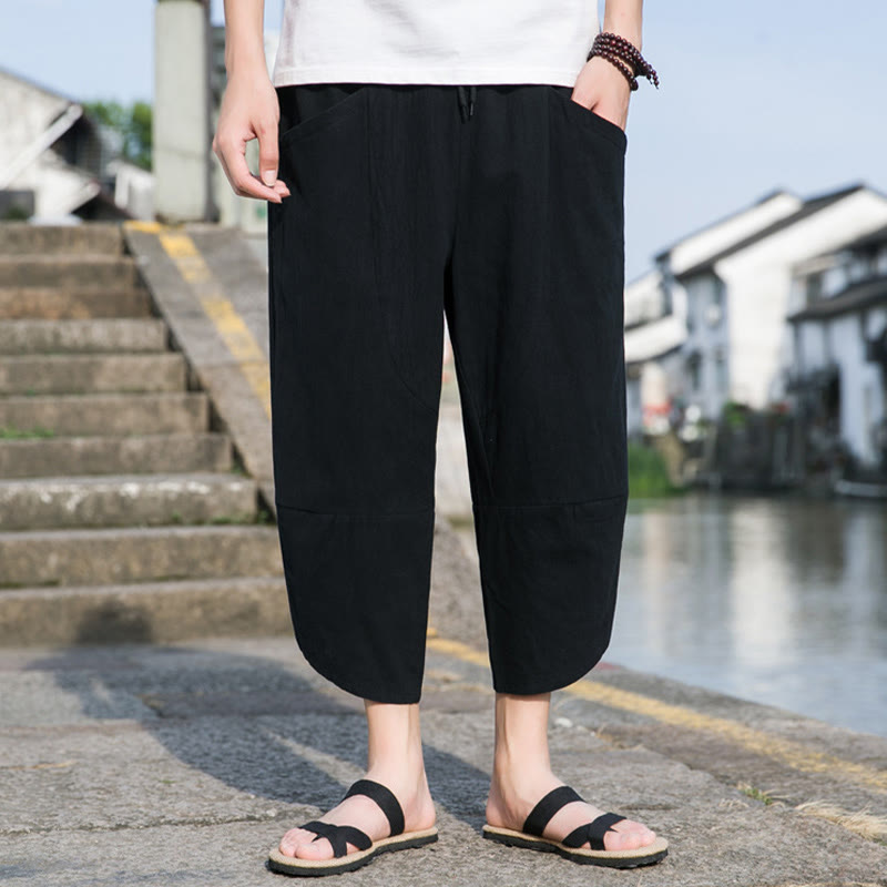 Pantalones de lino y algodón con bolsillos para hombre , informales, sencillos, lisos, de verano, con cordón, talla 7-8 - image 6