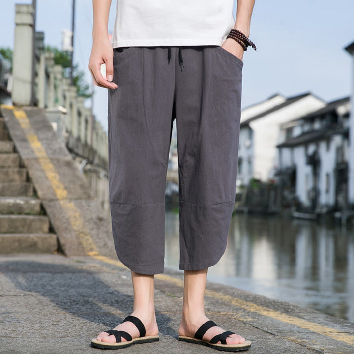 Pantalones de lino y algodón con bolsillos para hombre , informales, sencillos, lisos, de verano, con cordón, talla 7-8 - image 12