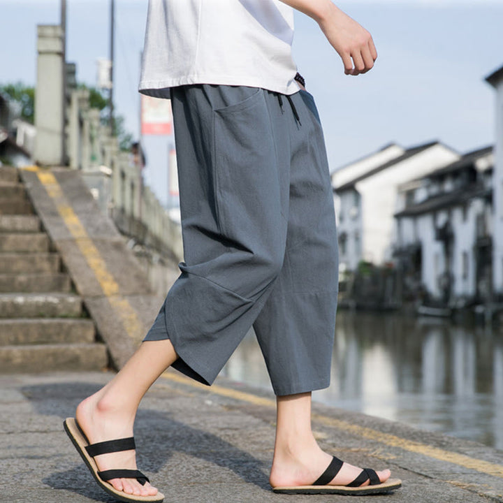 Pantalones de lino y algodón con bolsillos para hombre , informales, sencillos, lisos, de verano, con cordón, talla 7-8 - image 3