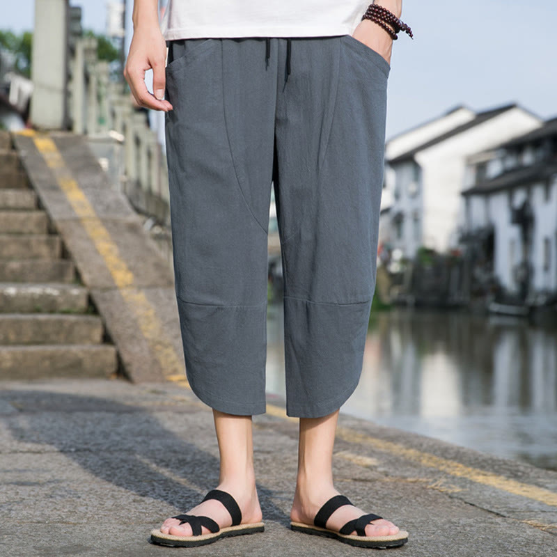 Pantalones de lino y algodón con bolsillos para hombre , informales, sencillos, lisos, de verano, con cordón, talla 7-8 - image 1