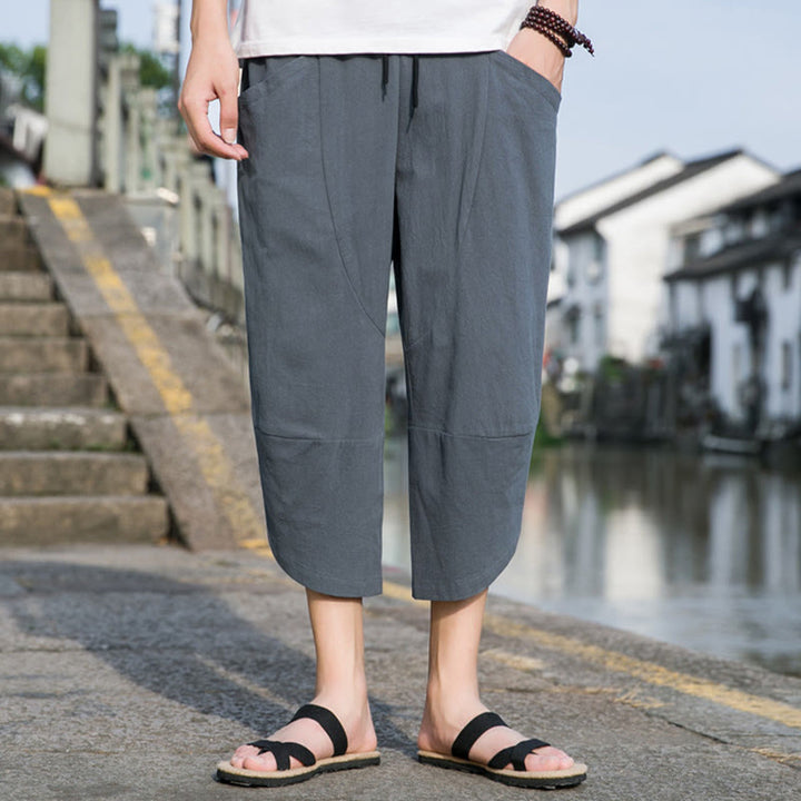 Pantalones de lino y algodón con bolsillos para hombre , informales, sencillos, lisos, de verano, con cordón, talla 7-8 - image 1