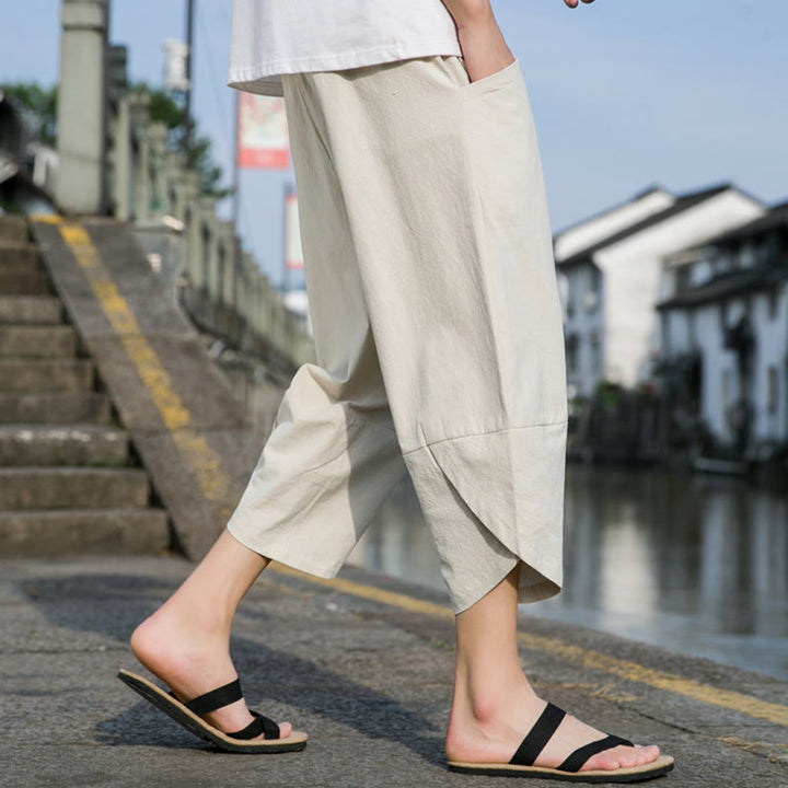 Pantalones de lino y algodón con bolsillos para hombre , informales, sencillos, lisos, de verano, con cordón, talla 7-8 - image 18