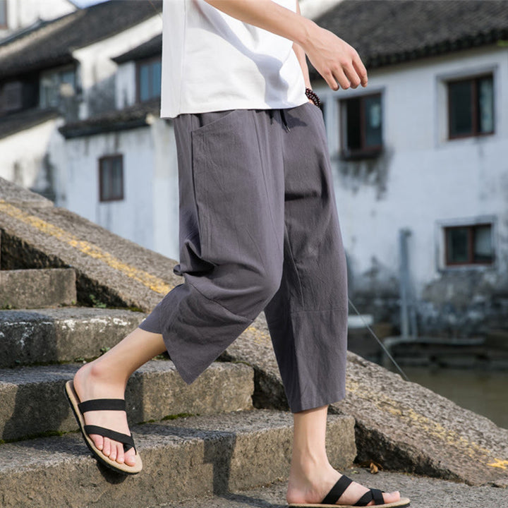 Pantalones de lino y algodón con bolsillos para hombre , informales, sencillos, lisos, de verano, con cordón, talla 7-8 - image 10
