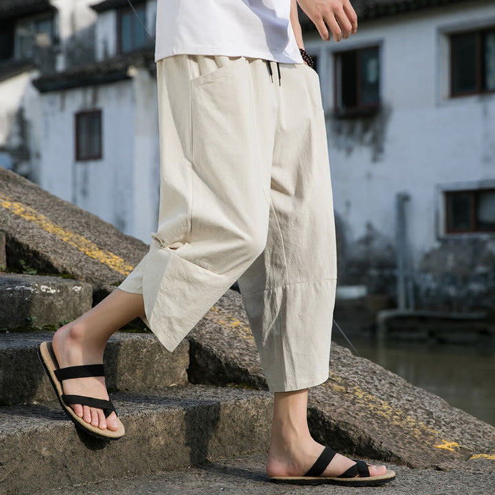 Pantalones de lino y algodón con bolsillos para hombre , informales, sencillos, lisos, de verano, con cordón, talla 7-8 - image 19