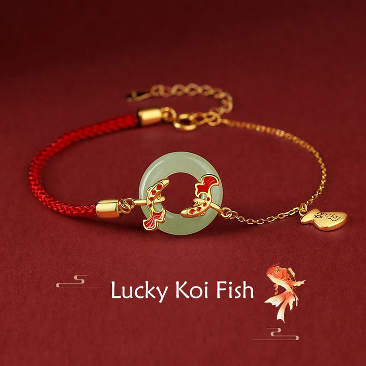 Pulsera de plata de ley 999 con Buddha Stones , jade blanco hetiano, doble pez Koi, hebilla de la paz, amuleto de la suerte y riqueza