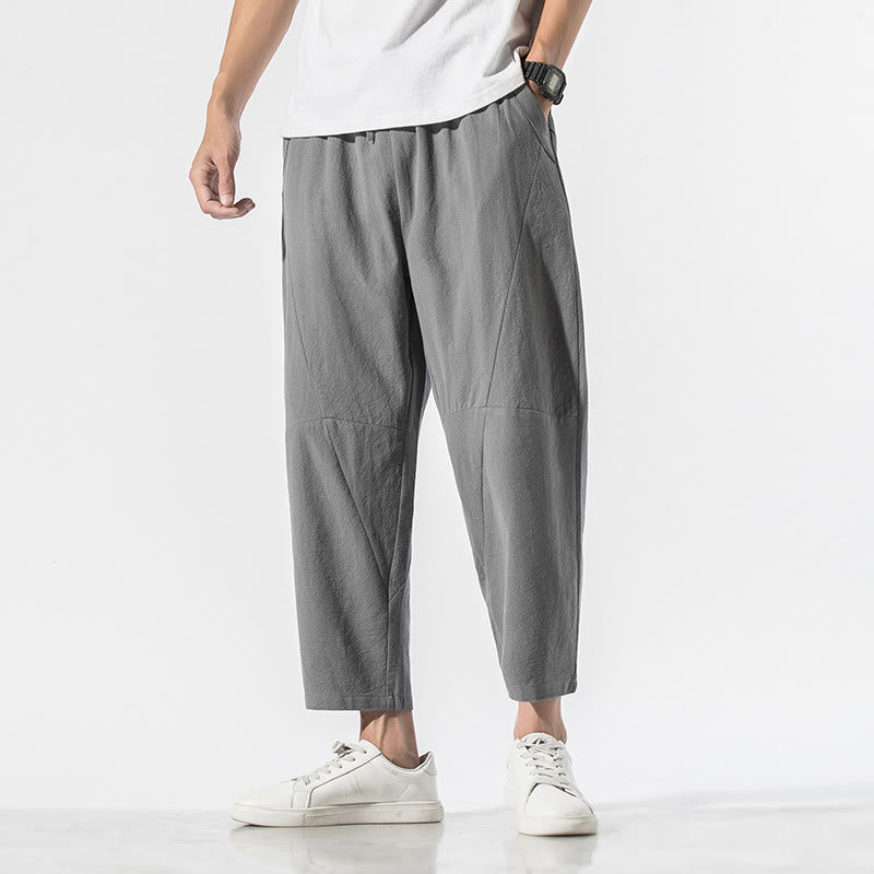 Pantalones harén de lino y algodón con cordón ajustable de color liso con jacquard vintage Buddha Stones para hombre con bolsillos - Gris oscuro - US/UK/AU46, EU56 (5XL) - image 0