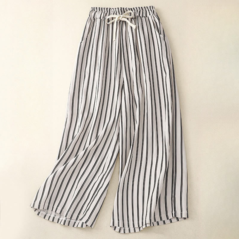Pantalones anchos con cordones y rayas acrílicas informales de Buddha Stones para mujer con bolsillos
