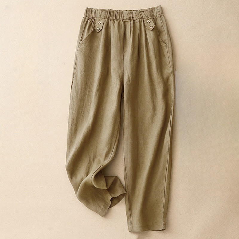 Pantalones harén de lino y algodón para mujer, informales, lisos, de verano , con bolsillos, de 7 a 8 botones - Broncearse - US8-10，UK/AU12-14，EU40-42 (2XL) - image 0
