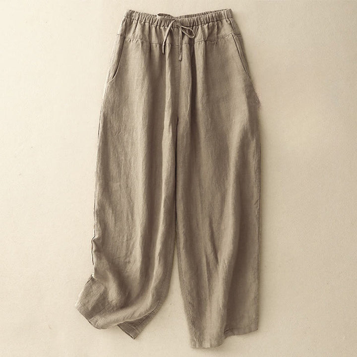 Pantalones harén de lino y algodón con bolsillos para mujer, de Buddha Stones, informales, lisos, de verano, con cordones, de largo 7-8