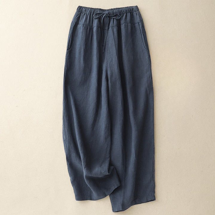 Pantalones harén de lino y algodón con bolsillos para mujer, de Buddha Stones, informales, lisos, de verano, con cordones, de largo 7-8
