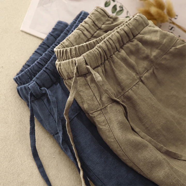 Pantalones harén de lino y algodón con bolsillos para mujer, de Buddha Stones, informales, lisos, de verano, con cordones, de largo 7-8