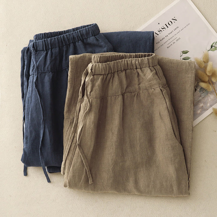 Pantalones harén de lino y algodón con bolsillos para mujer, de Buddha Stones, informales, lisos, de verano, con cordones, de largo 7-8