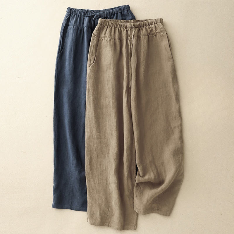 Pantalones harén de lino y algodón con bolsillos para mujer, de Buddha Stones, informales, lisos, de verano, con cordones, de largo 7-8