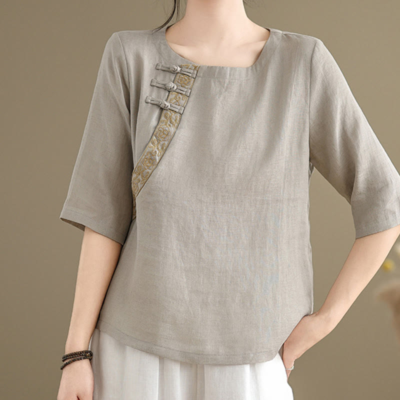 Camisa informal de lino y algodón con estampado floral bordado de Buddha Stones para mujer, cuello redondo, manga corta y botones de rana - Gris oscuro - US8-10，UK/AU12-14，EU40-42 (2XL) - image 0