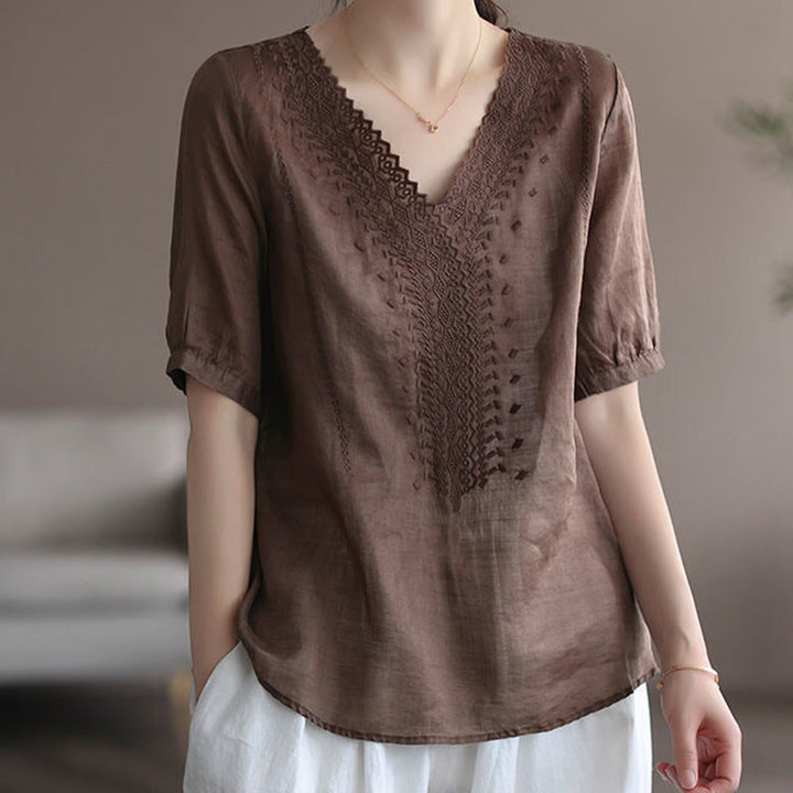 Camiseta de lino y algodón con cuello en V y media manga para mujer, informal, con estampado bordado de Buddha Stones, de verano - Tierra de siena - US8-10，UK/AU12-14，EU40-42 (2XL) - image 6