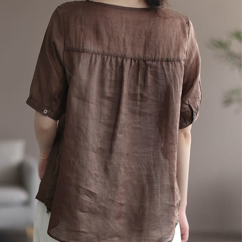 Camiseta de lino y algodón con cuello en V y media manga para mujer, informal, con estampado bordado de Buddha Stones, de verano - image 9
