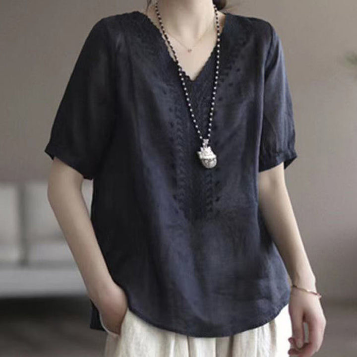 Camiseta de lino y algodón con cuello en V y media manga para mujer, informal, con estampado bordado de Buddha Stones, de verano - Negro - US8-10，UK/AU12-14，EU40-42 (2XL) - image 12