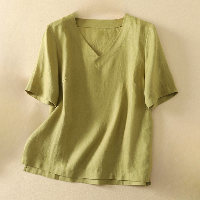 Camiseta de manga corta con cuello en V, diseño casual de poliéster liso, con Buddha Stones, para mujer. - Verde amarillento - US8-10，UK/AU12-14，EU40-42 (2XL) - image 0