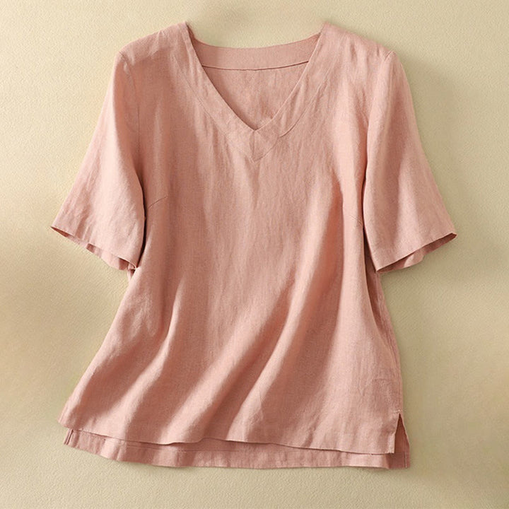Camiseta de manga corta con cuello en V, diseño casual de poliéster liso, con Buddha Stones, para mujer. - Rosa - US8-10，UK/AU12-14，EU40-42 (2XL) - image 5