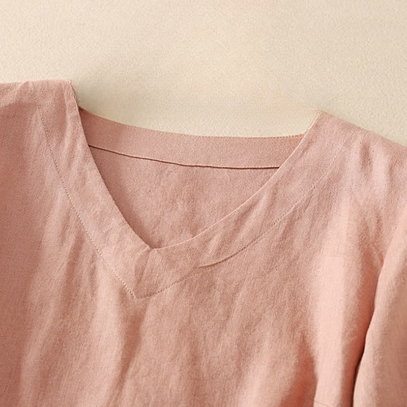 Camiseta de manga corta con cuello en V, diseño casual de poliéster liso, con Buddha Stones, para mujer. - image 6