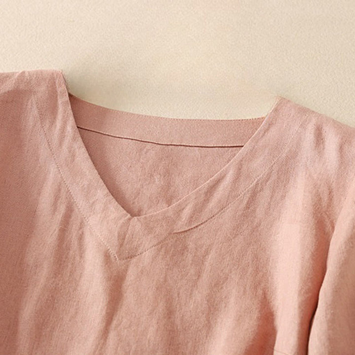 Camiseta de manga corta con cuello en V, diseño casual de poliéster liso, con Buddha Stones, para mujer. - image 6