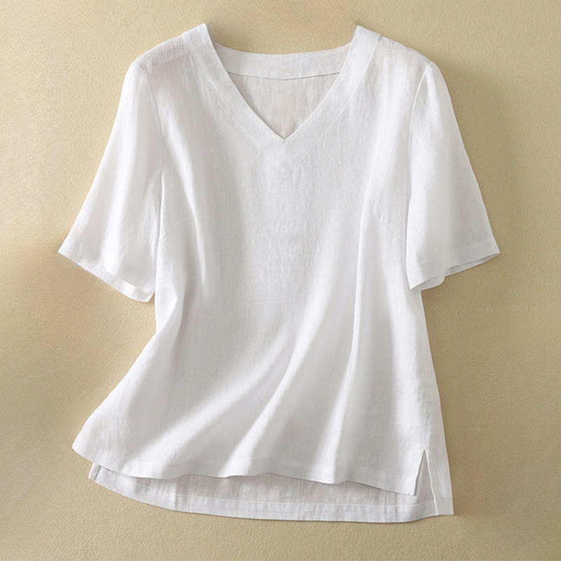 Camiseta de manga corta con cuello en V, diseño casual de poliéster liso, con Buddha Stones, para mujer. - Blanco - US8-10，UK/AU12-14，EU40-42 (2XL) - image 10