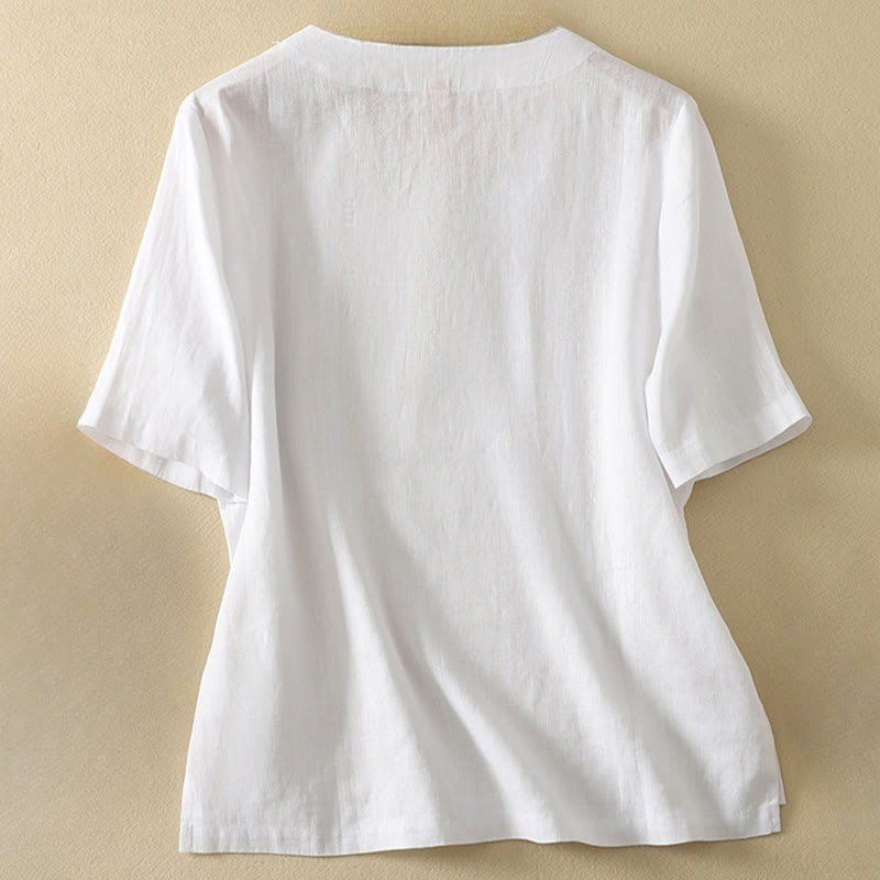 Camiseta de manga corta con cuello en V, diseño casual de poliéster liso, con Buddha Stones, para mujer. - image 11