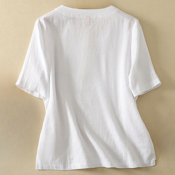 Camiseta de manga corta con cuello en V, diseño casual de poliéster liso, con Buddha Stones, para mujer. - image 11