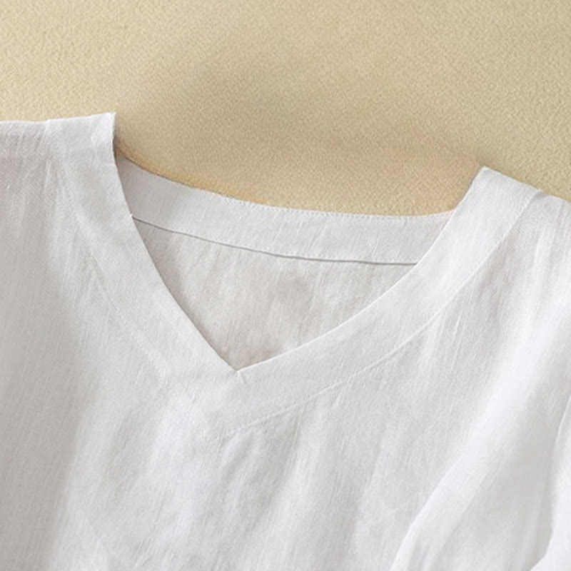 Camiseta de manga corta con cuello en V, diseño casual de poliéster liso, con Buddha Stones, para mujer. - image 12