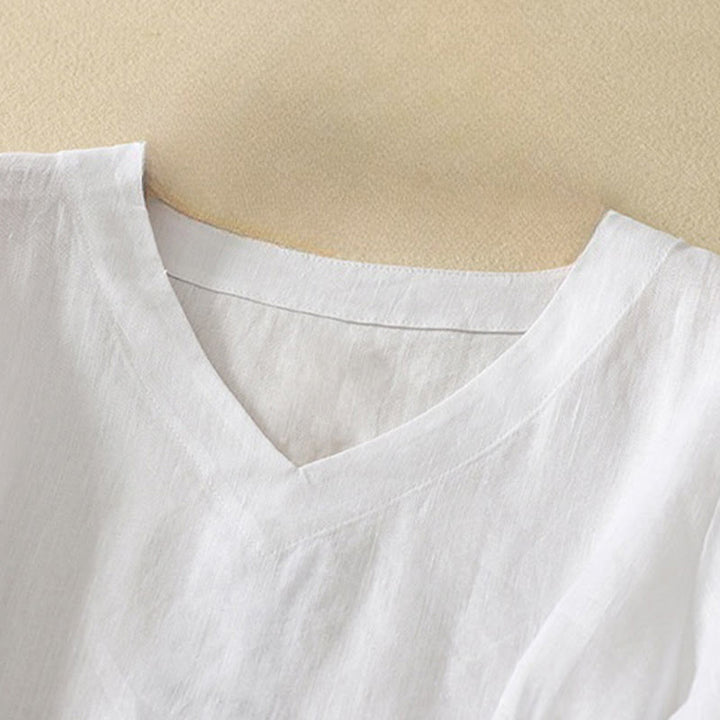 Camiseta de manga corta con cuello en V, diseño casual de poliéster liso, con Buddha Stones, para mujer. - image 12