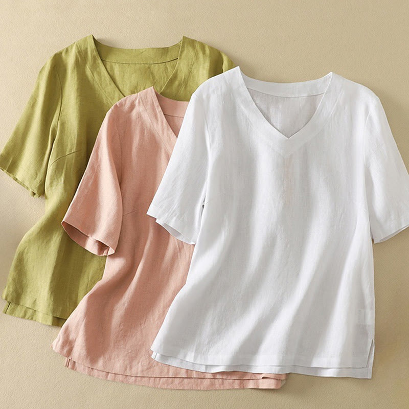 Camiseta de manga corta con cuello en V, diseño casual de poliéster liso, con Buddha Stones, para mujer. - image 20