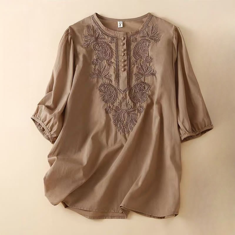 Camisa informal de lino y algodón con cuello redondo y media manga para mujer con estampado floral bordado de Buddha Stones - SaddleBrown - US8-10，UK/AU12-14，EU40-42 (2XL) - image 0