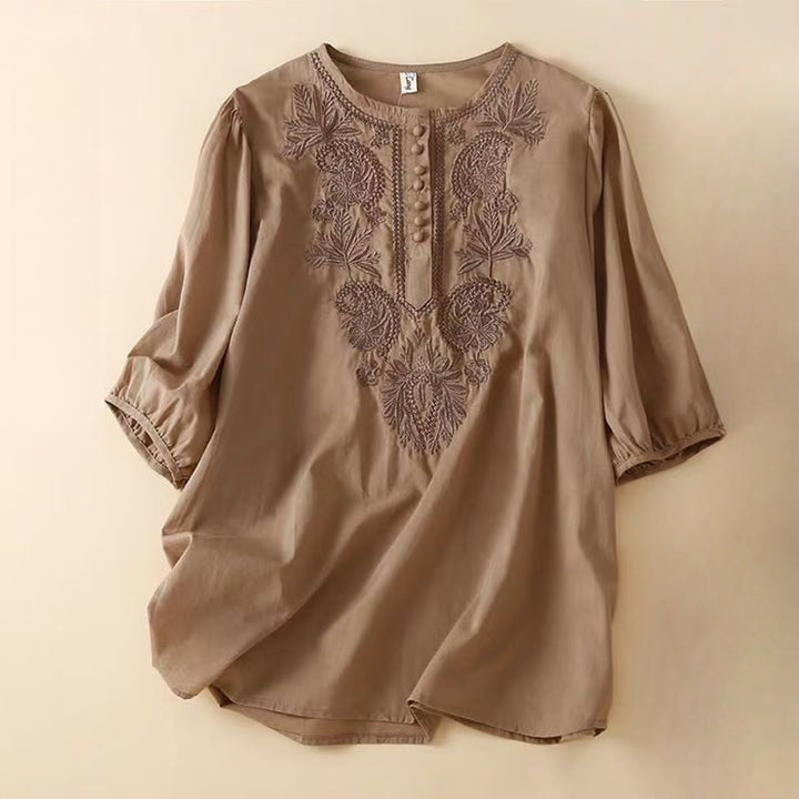 Camisa informal de lino y algodón con cuello redondo y media manga para mujer con estampado floral bordado de Buddha Stones - SaddleBrown - US8-10，UK/AU12-14，EU40-42 (2XL) - image 0