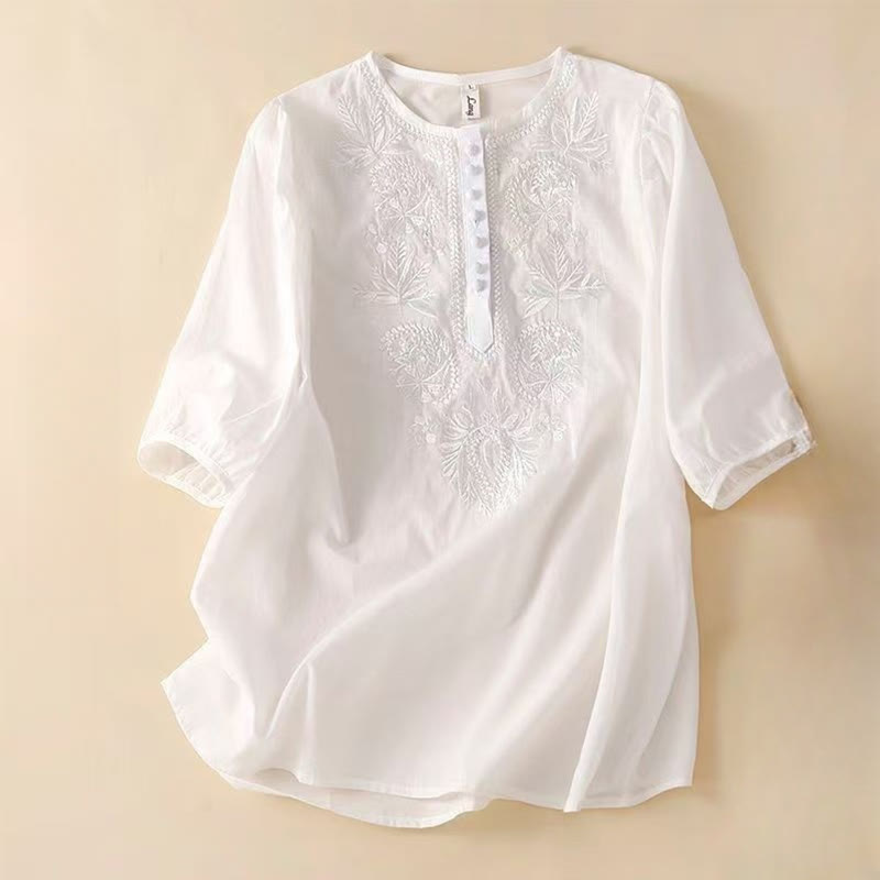 Camisa informal de lino y algodón con cuello redondo y media manga para mujer con estampado floral bordado de Buddha Stones - Blanco - US8-10，UK/AU12-14，EU40-42 (2XL) - image 9