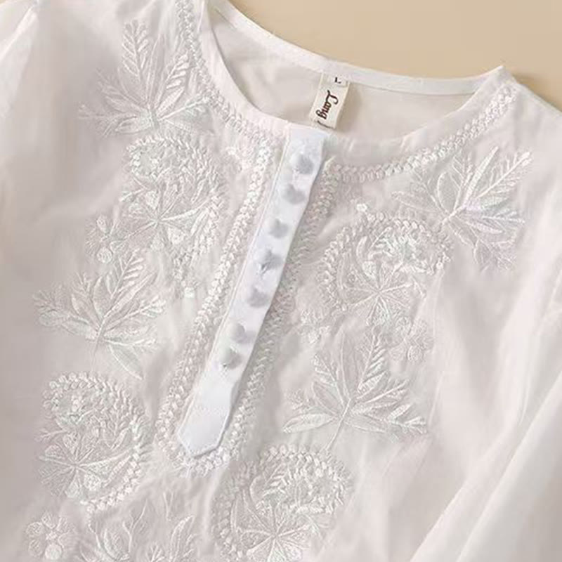 Camisa informal de lino y algodón con cuello redondo y media manga para mujer con estampado floral bordado de Buddha Stones - image 13