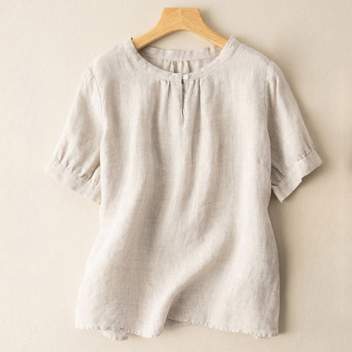 Camisa de lino de manga corta con cuello redondo y botones, estilo casual para mujer, con estampado de Buddha Stones. - Beige - US8-10，UK/AU12-14，EU40-42 (2XL) - image 0