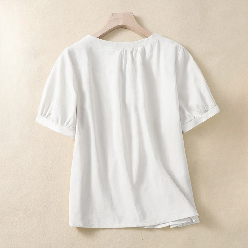 Camisa informal de lino y algodón con cuello redondo y botones para mujer, de Buddha Stones - image 3