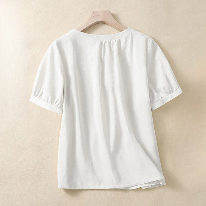 Camisa informal de lino y algodón con cuello redondo y botones para mujer, de Buddha Stones - image 3