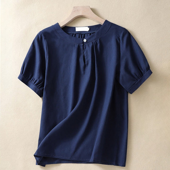 Camisa informal de lino y algodón con cuello redondo y botones para mujer, de Buddha Stones - Marina de guerra - US8-10，UK/AU12-14，EU40-42 (2XL) - image 6