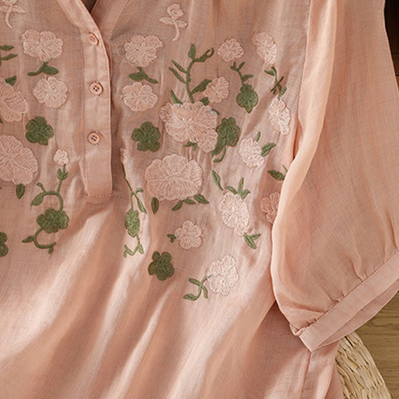 Camisa informal de lino y algodón con cuello en V y media manga para mujer, con estampado de flores y hojas verdes bordadas y piedras de Buddha Stones - image 8