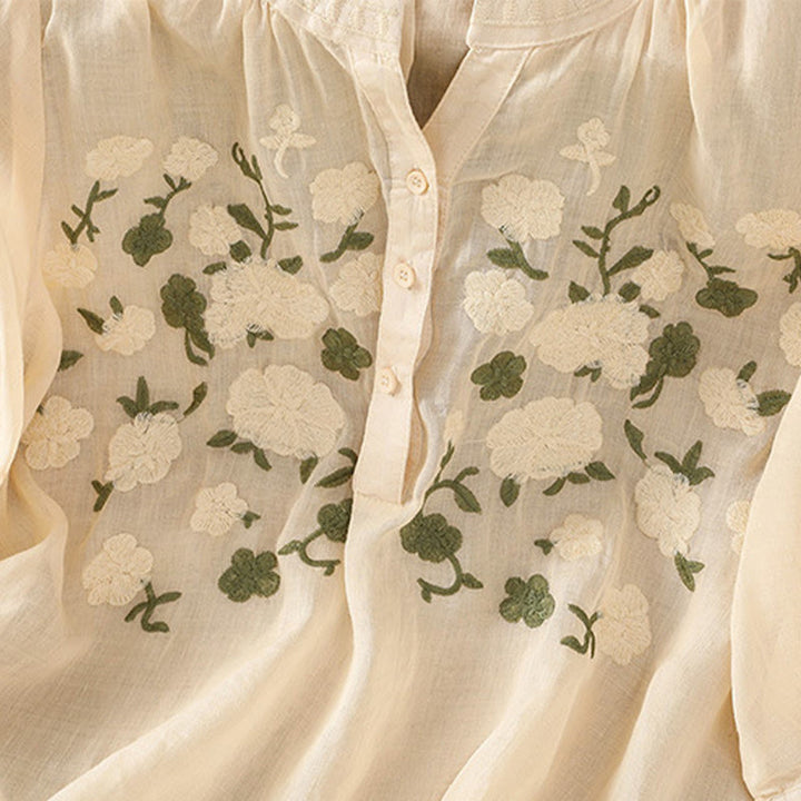 Camisa informal de lino y algodón con cuello en V y media manga para mujer, con estampado de flores y hojas verdes bordadas y piedras de Buddha Stones - image 10