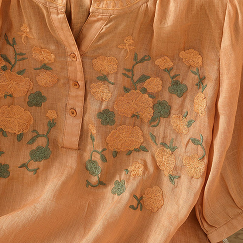 Camisa informal de lino y algodón con cuello en V y media manga para mujer, con estampado de flores y hojas verdes bordadas y piedras de Buddha Stones - image 17