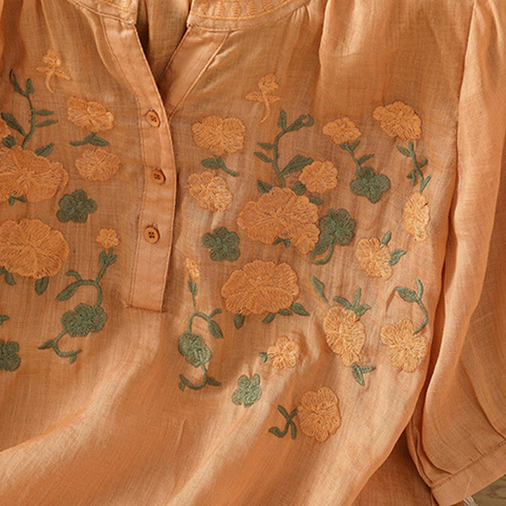 Camisa informal de lino y algodón con cuello en V y media manga para mujer, con estampado de flores y hojas verdes bordadas y piedras de Buddha Stones - image 17