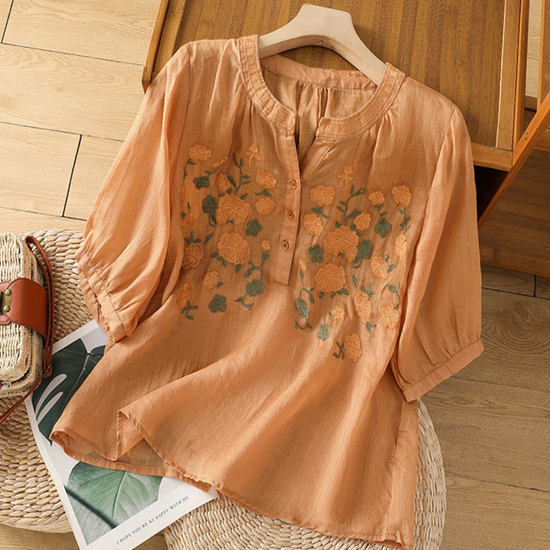 Camisa informal de lino y algodón con cuello en V y media manga para mujer, con estampado de flores y hojas verdes bordadas y piedras de Buddha Stones - SandyBrown - US8-10，UK/AU12-14，EU40-42 (2XL) - image 16